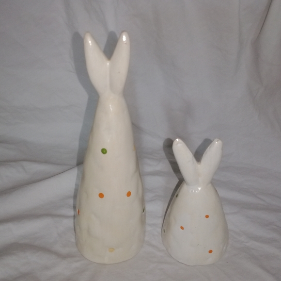 Vintage Easter Clay Bunny Rabbits Polka Dot Primitive Set of 2 Holiday Decor Art - Picture 5 of 11